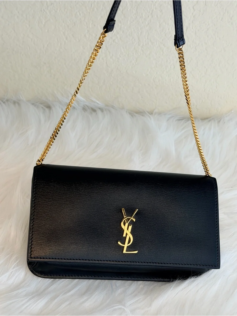 Saint Laurent Black Leather Crossbody phone holder with Gold YSL Chain